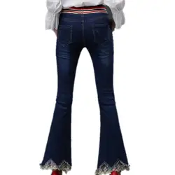 Джинсы с высокой талией женские брюки эластичный пояс шить кружева flare Штаны
