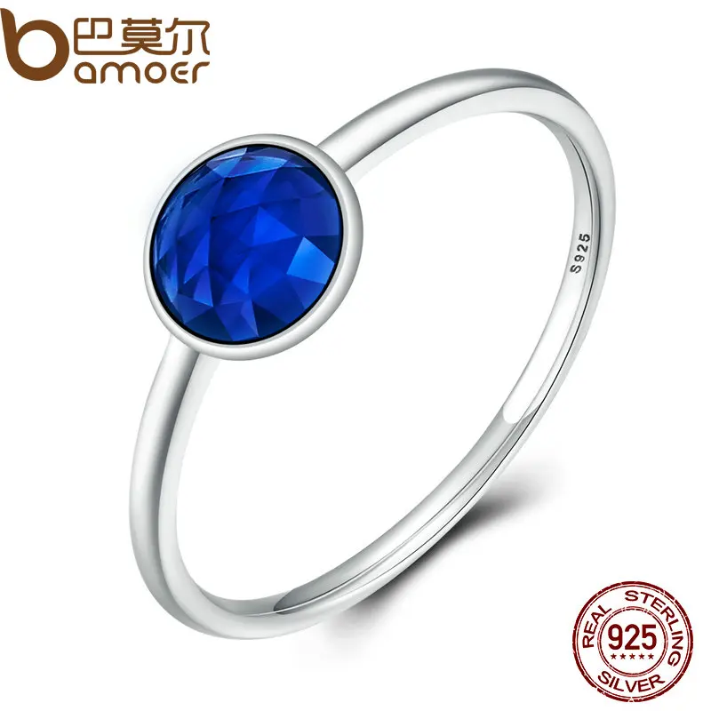 BAMOER 100% 925 Sterling Silver SEPTEMBER Birthstone DROPLET RING Blue Stone Finger Ring Women Wedding Jewelry PA7613