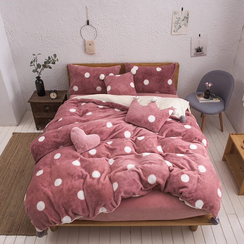 

Pink White Gray Fleece Fabric Wave Point Printing Girl Bedding Set Soft Velvet Flannel Duvet Cover Bed sheet/Linen Pillowcases