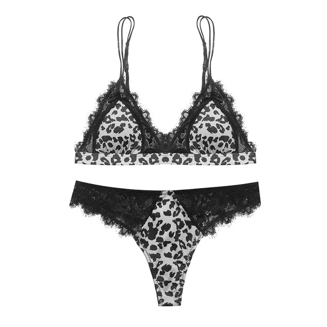 New Summer Sling Bra Set Sexy Leopard Lace Style Women Underwear Wire-Free Triangle Cup Comfortable Lingerie and T Panties Set white
