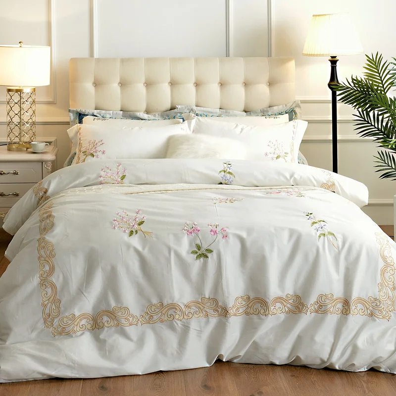 

60S Egyptian Cotton white luxury Embroidery Comfortable Bedding Set Queen King Size Duvet Cover Bed Linen Bed sheet Pillowcases