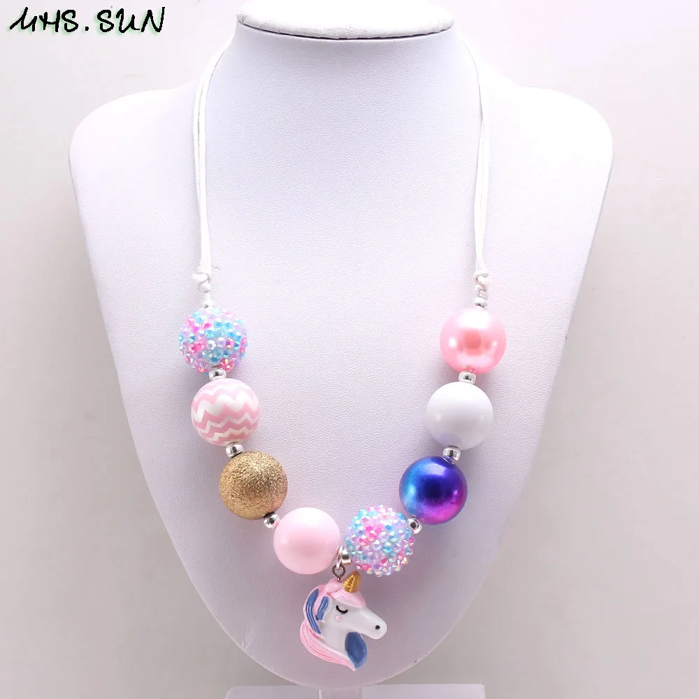 MHS. SUN Милая подвеска в виде единорога, детское массивное ожерелье с бусинами, разноцветное регулируемое ожерелье с веревочкой для маленьких девочек, детские вечерние ювелирные изделия, 1 шт - Окраска металла: B