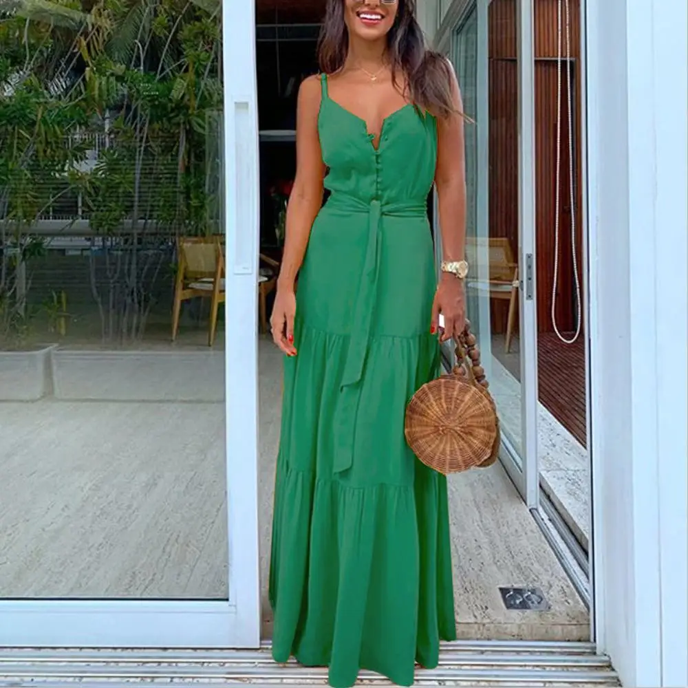 

Casual Dress Women Summer Boho Sleeveless Strappy V-neck Bandage Party Beach Dress 2019 Polyester Deep Off Shoulder Midi dresses