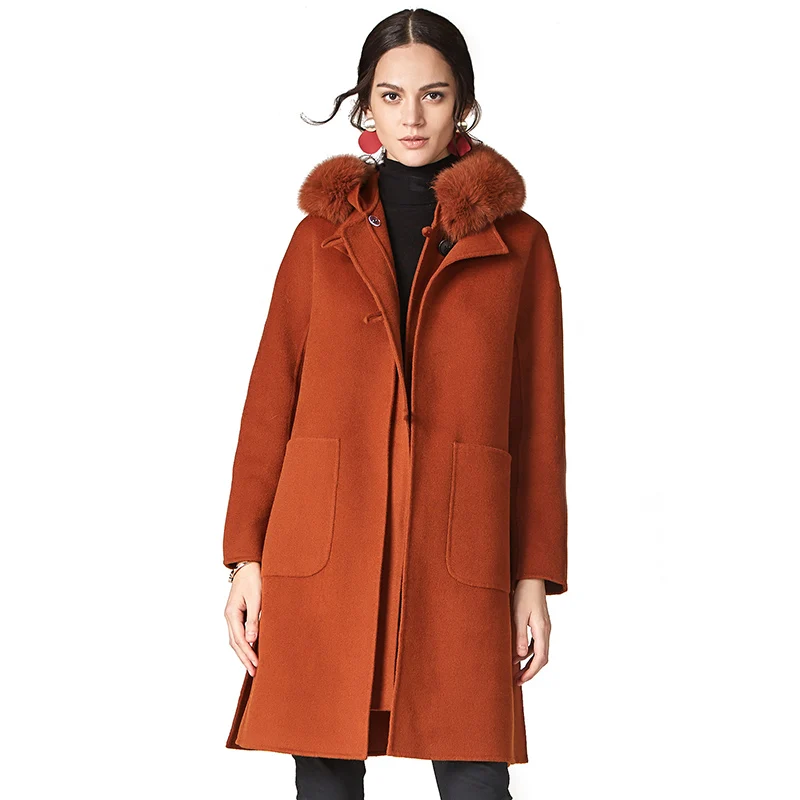 ESCALIER женское повседневное пальто из шерсти новое пальто с капюшоном и меховым воротником из лисы длинное стильное шерстяное пальто с большим карманом - Цвет: Кораллово-Красный