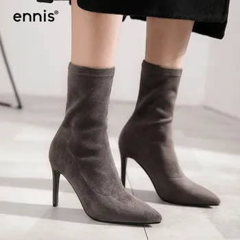 

ENNIS 2019 Autumn Winter Boots Pointed Toe Thin High Heels Stretch Womens Boots Sexy Ladies Flock Shoes Black Gray Fashion A952