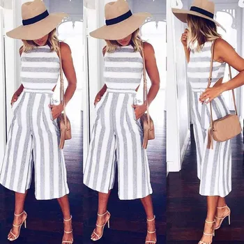 Women Sleeveless Striped soft and comfortable Jumpsuit Casual Clubwear Wide Leg Pants Outfit L50/0116 plus button front striped wide leg cami jumpsuit