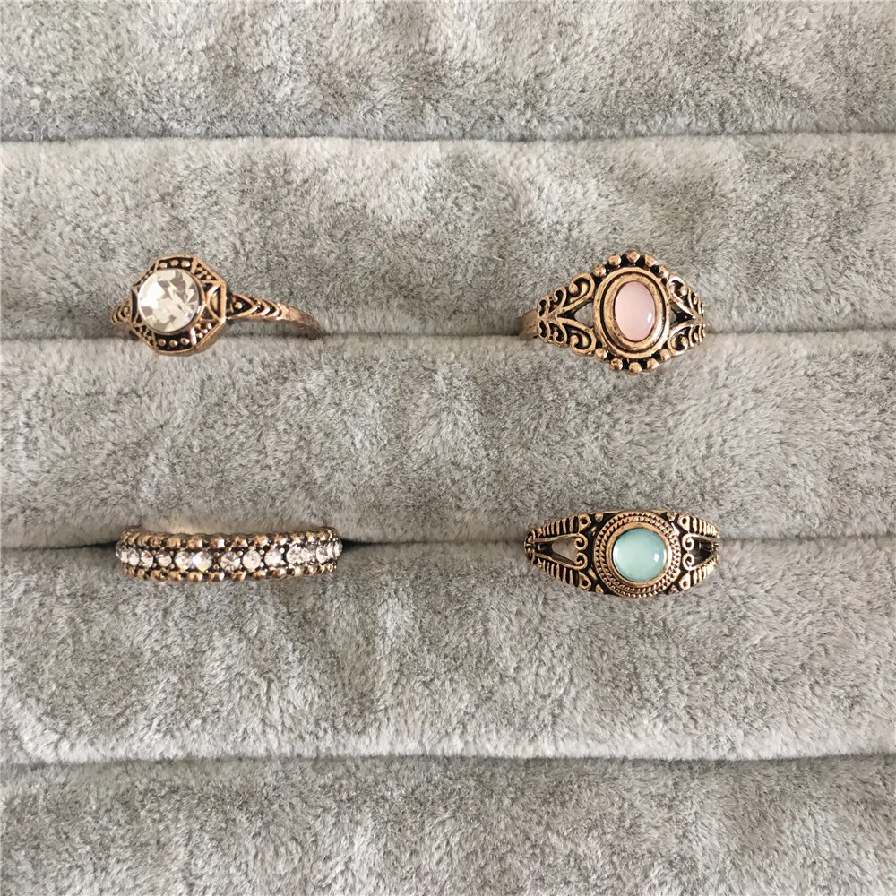 

FASHION JEWELRY ANTIQUE GOLD COLOR PLATING CLEAR COLORFUL STONE 4 PIECE RING SET