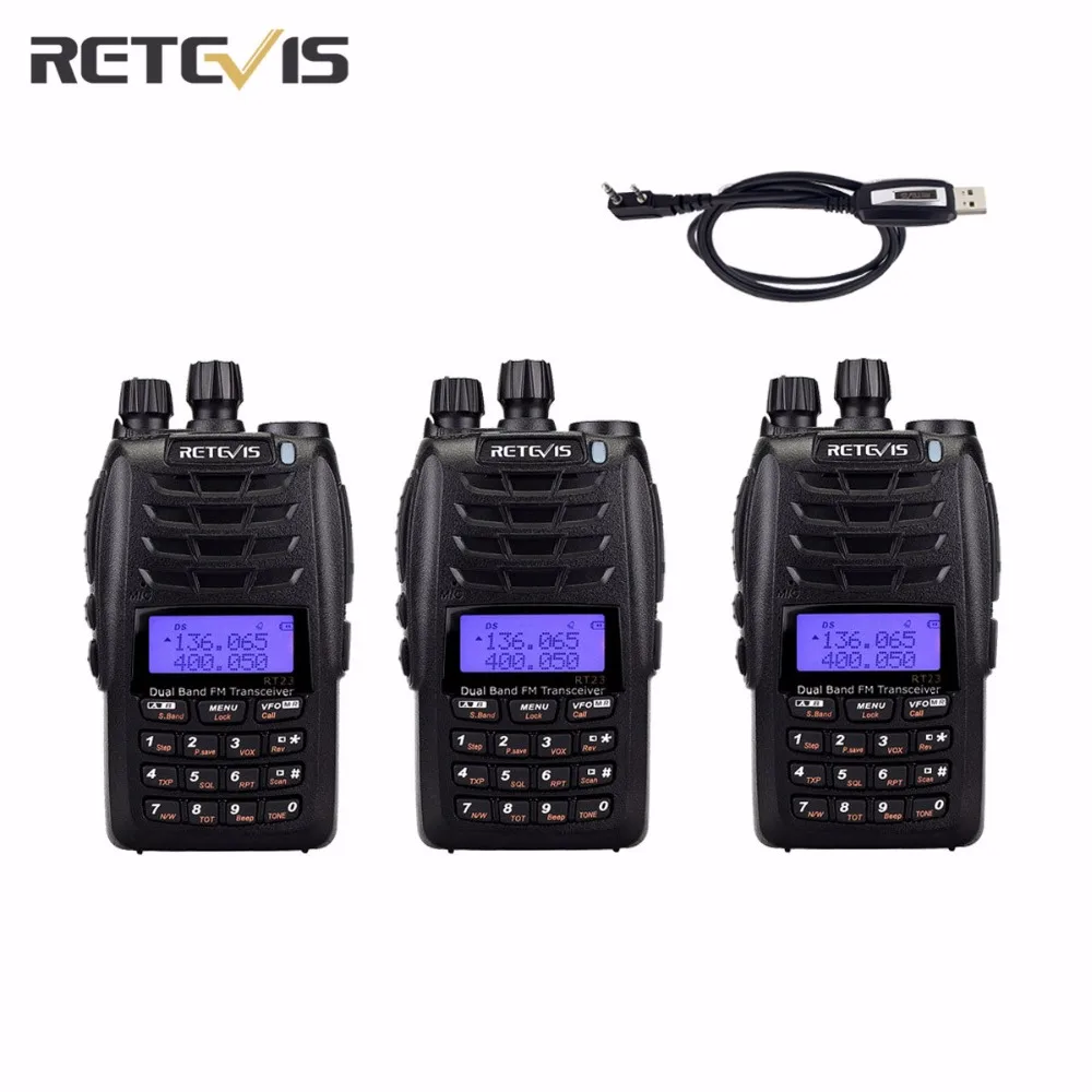 

3 pcs Retevis RT23 Walkie Talkie Cross-Band Repeater 5W Dual Band UHF VHF Dual PTT/Receive 128Ch 1750Hz DTMF+A USB Cable A9122A