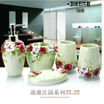 

Beautiful Pearl floral 5PCS Resin Bathroom Accessories Set Soap Dispenser/Toothbrush Holder/Tumbler/Soap Dish Gold