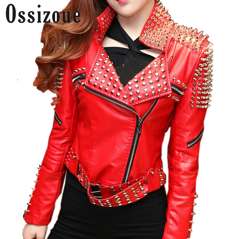 

PU Leather Jacket Women Punk Studded Motorcycle Imitation sheepskin Spiked Rivet Jackets 2017 Classic Heavy Metal Rivets Outwear