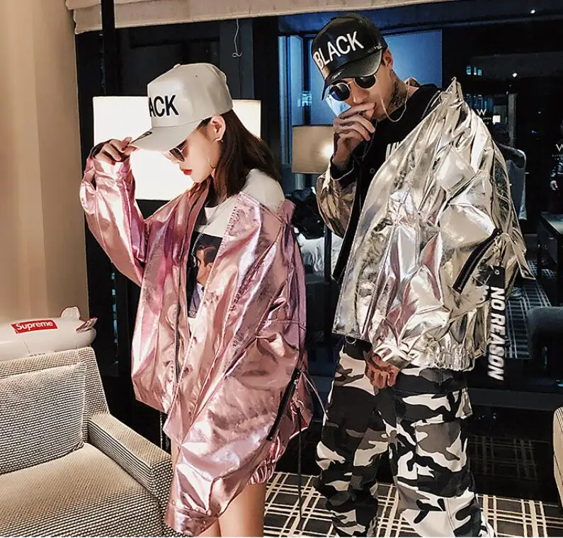 

Men Laser Metallic Windbreaker Harajuku Wind Jacket Coat Women Luxury Glossy oversized Coat Hip hop Silver Shiny Leather Jacket