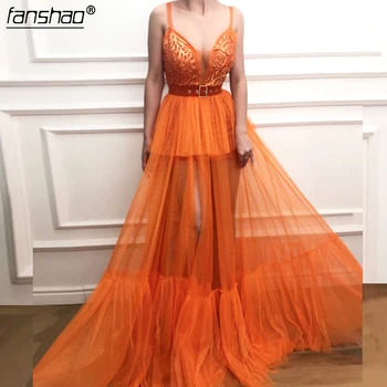

Orange Muslim Evening Dresse Sexy Deep V neck Tulle Illusion Sexy Islamic Dubai Saudi Arabic Long Formal Evening Gown Prom Dress