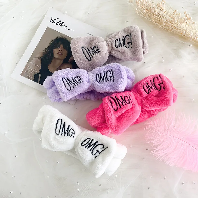 New Colorful OMG Letters Bow Coral Fleece Hairbands For Women Girls Headbands Bandanas Hair Bands Headwear Kids Hair Accessories