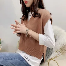 Женский Весенний Модный вязаный жилет с v-образным вырезом короткий свитер Топы Женский пуловер сплит без рукавов однотонный жилет