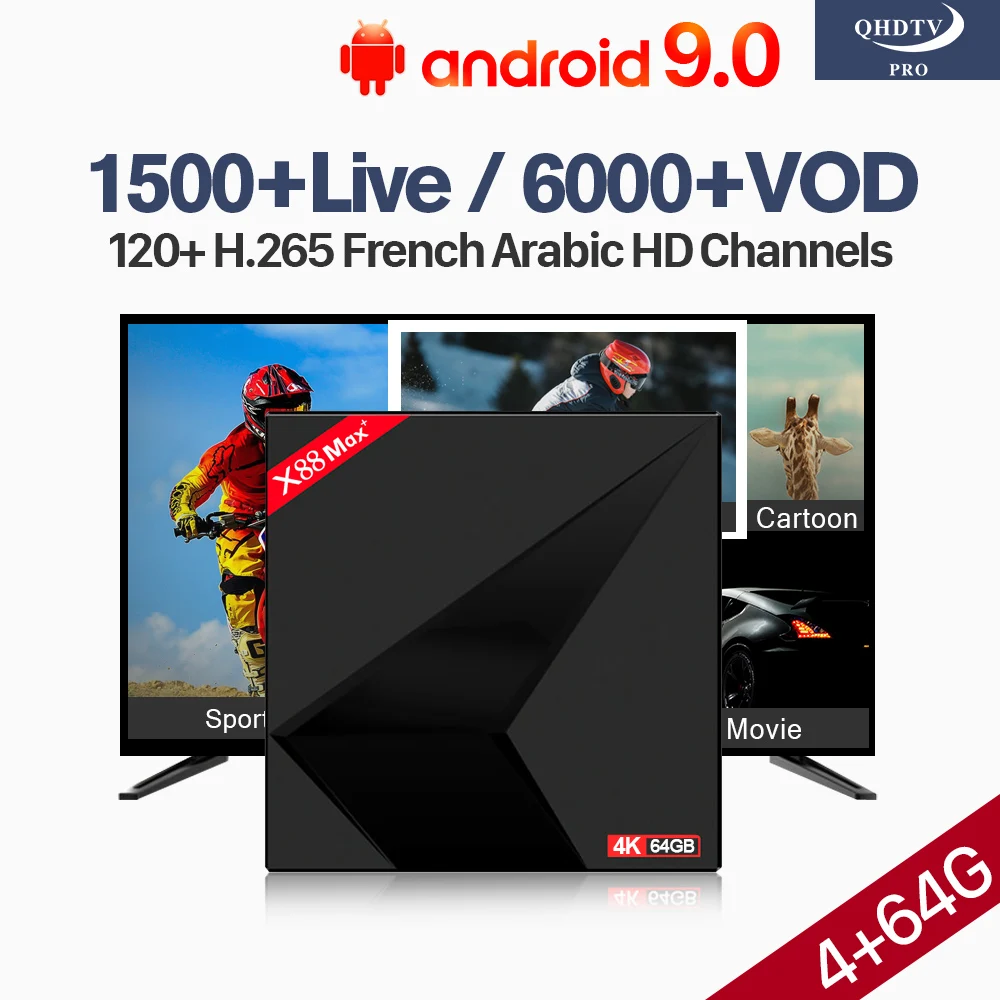 

Android 9.0 Arabic France IPTV Italy QHDTV Pro Box X88 MAX+ 4+64G BT USB3.0 4K H.265 Decoder France IP TV Belgium Netherlands