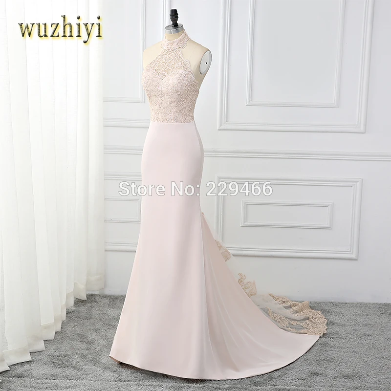

wuzhiyi Custom made Noble lace appliques Mermaid Prom dresses 2019 Halter Sexy Backless off the shoulder prom dress For wedding