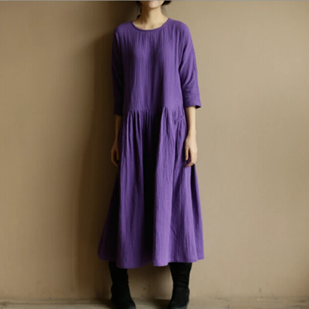 

2019 Spring Autumn women O-neck long sleeve cotton linen dress,Comfortable vintage dress with pockets,plus size dress S- 5XL 6XL
