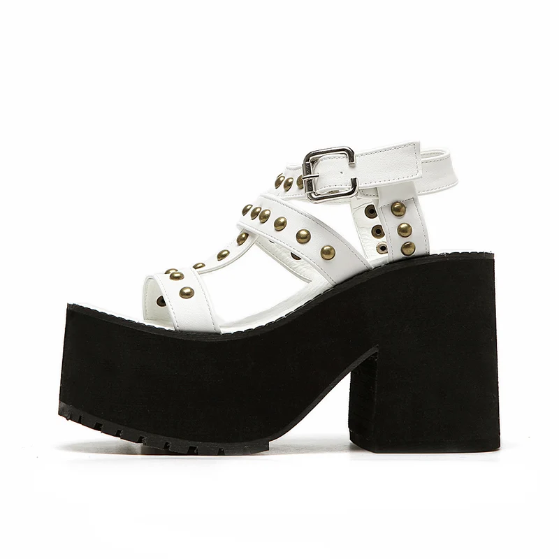 Woman Sandals 2019 Summer Gladiator Heels Fashion Rivet Shoes High Heel Sandals Punk Chunky Sandals White Shoes Platform Shoes
