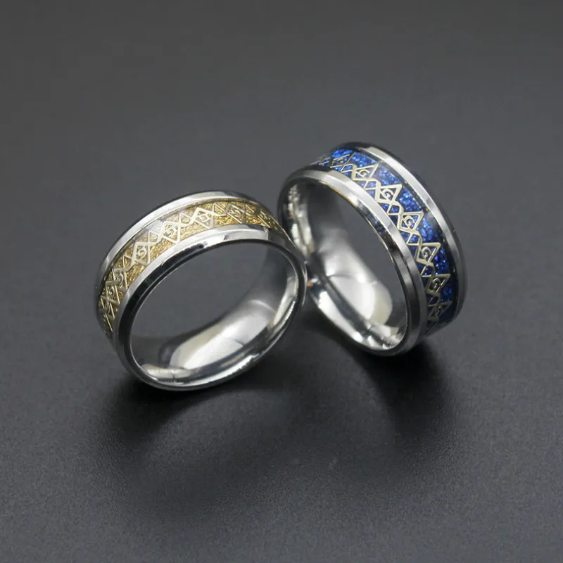 

Freemasonry Masonic Couple Rings Blue Yellow Color Titanium Steel Ring Lovers' Ring for Men Women Vintage Religious Jewelry
