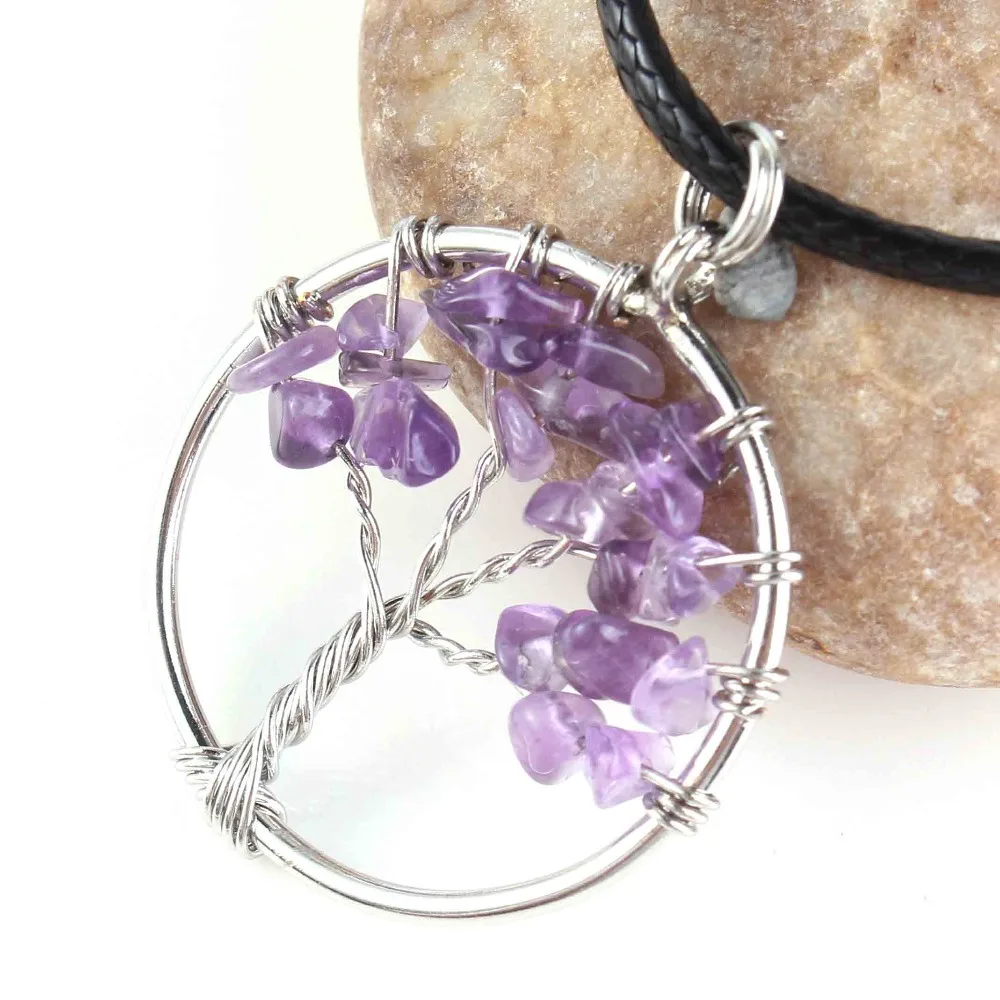 Natural Gnergy Gemstone~ Silver Plated Wire Wrapped Tree Of Life Healing Crystal Quartz Purple Amethysts Round Chakra Reiki Stone Pendant Necklace 3 AA00409005901b