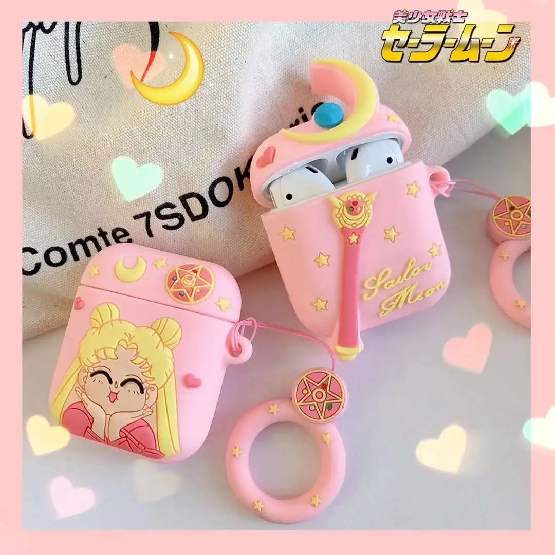 

3D Sailor Moon bag For airpods earphone soft silicon cover, Cute Sakura case for wireless earphone protect +finger ring