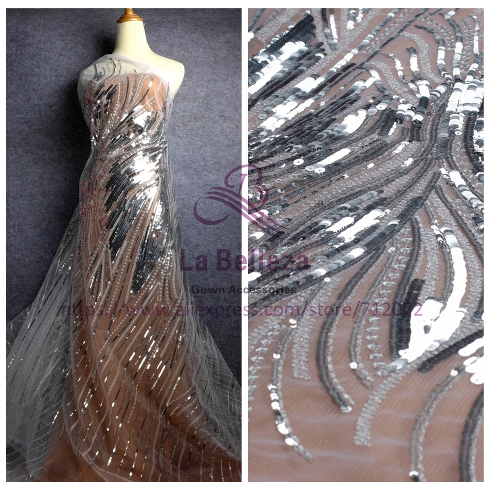 La Belleza 1 ярд серебро 5 мм+ 9 мм блестки Металлик вышитые вечернее/свадебное платье кружевная ткань
