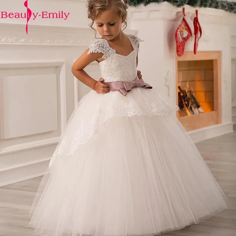 

Long White V Neck Princess Ball Gown Flower Girl Dresses 2019 Soft Tulle Lace First Communion Dresses Girls Kids Prom Dress