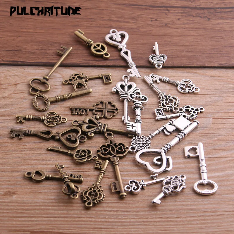 

PULCHRITUDE 10pcs Vintage Metal Mixed Two color Small key Charms Pendants For Jewelry Making Diy Handmade Jewelry P6666