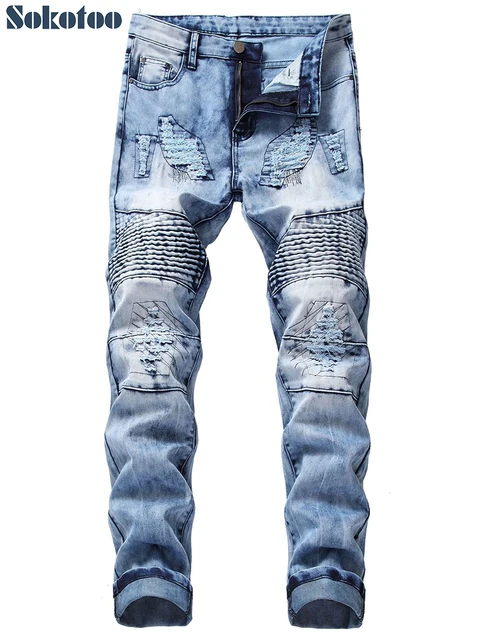 Sokotoo Men's snow washed light blue ripped biker jeans for motorcyle ...