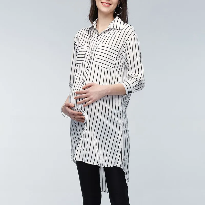 Maternity wear pregnant women tops pregnant women lapel 3/4 sleeve casual loose striped shirt XL oversized personality