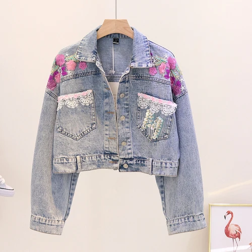 2019 Новая женская Повседневная джинсовая куртка с длинным рукавом Florla Mbroidery