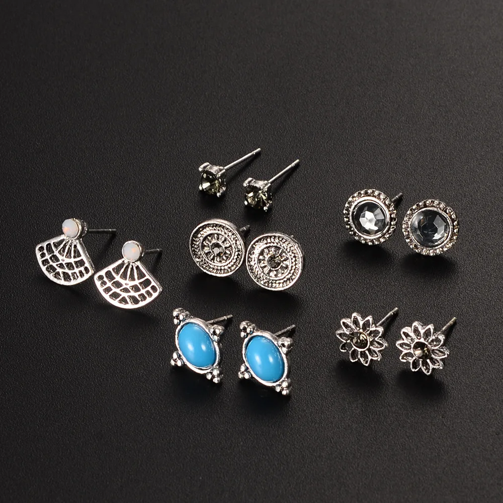 

6pairs/set Retro Green Stone Stud Earring Sets Mixed Leaf Square Triangle Round Steampunk Party Earring for Women