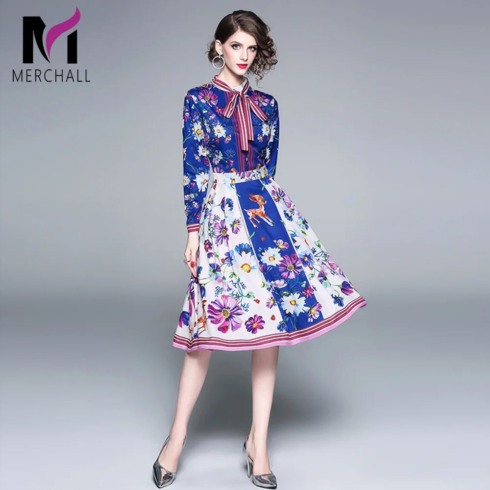 

Runway Dresses 2018 Women High Quality Bow Neck Vintage Floral Print Party Dresses Designer Long Midi Dress Vestidps Robe Femme