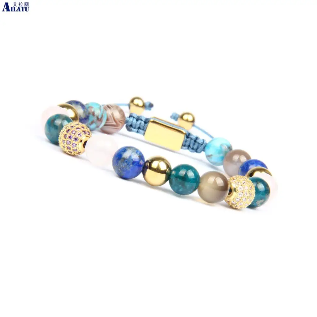 

Ailatu New Men's Beaded Macrame Bracelet with Micro Pave Cz Ball and Natural Stone Beads Top Quality