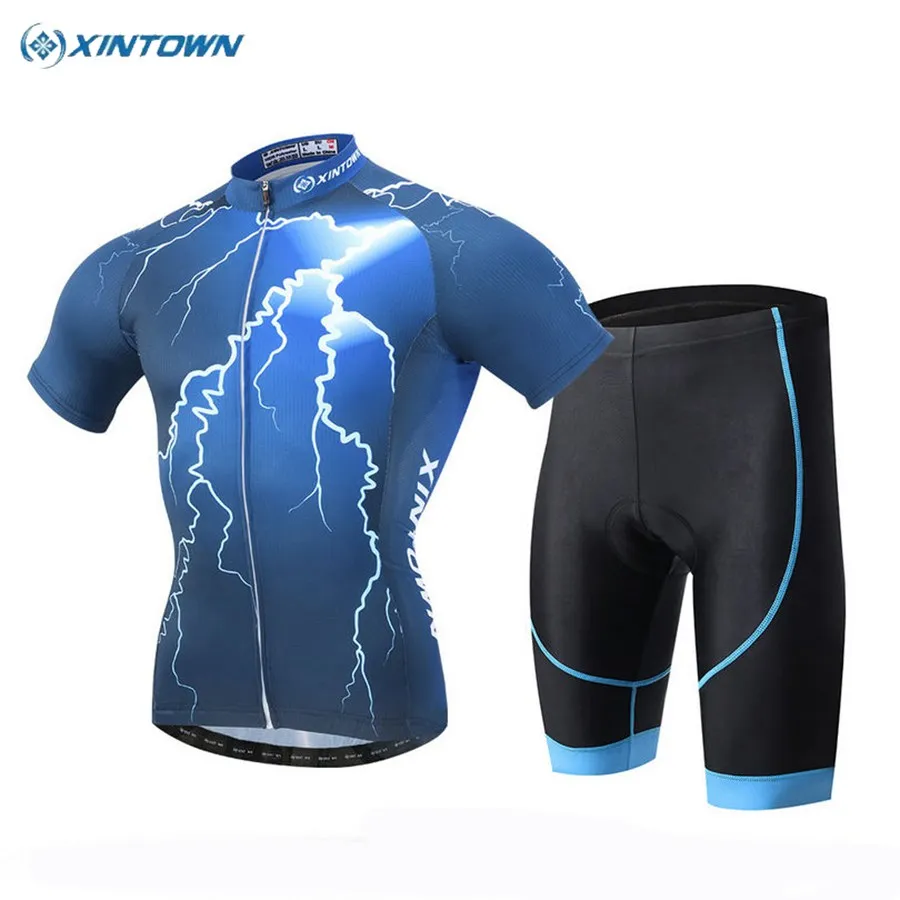 

XINTOWN Men blue lightning Bike Team Cycling Jersey Sets Outdoor Roupa Ciclismo bicycle Cycling Clothing With Bib Shorts roupa