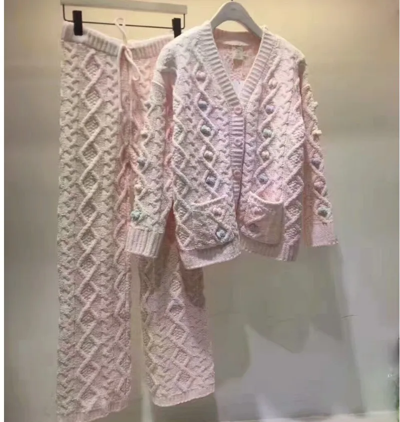 

New Fashion Winter Women's Soft Wool Cardigan Pants Suit Pajama Set Warm Home Clothes Thicken Sleepwear Nightwear Night Robe