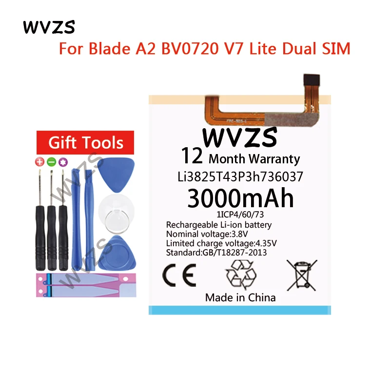 

wvzs 3000mAh Li-Polymer Battery Li3825T43P3h736037 For ZTE BV0720 / ZTE Blade A2 / ZTE Blade V7 Lite Dual SIM Batteries
