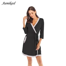 Aamikast осенний женский халат 3/4 рукав однотонный свободный v-образный вырез с поясом халат ночной сексуальный халат ночной рост кимоно халат пижамы