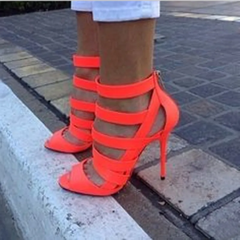 

SHOFOO shoes.Simple fashion free shipping, orange leather, 11 cm high heel sandals, women sandals. SIZE:34-45