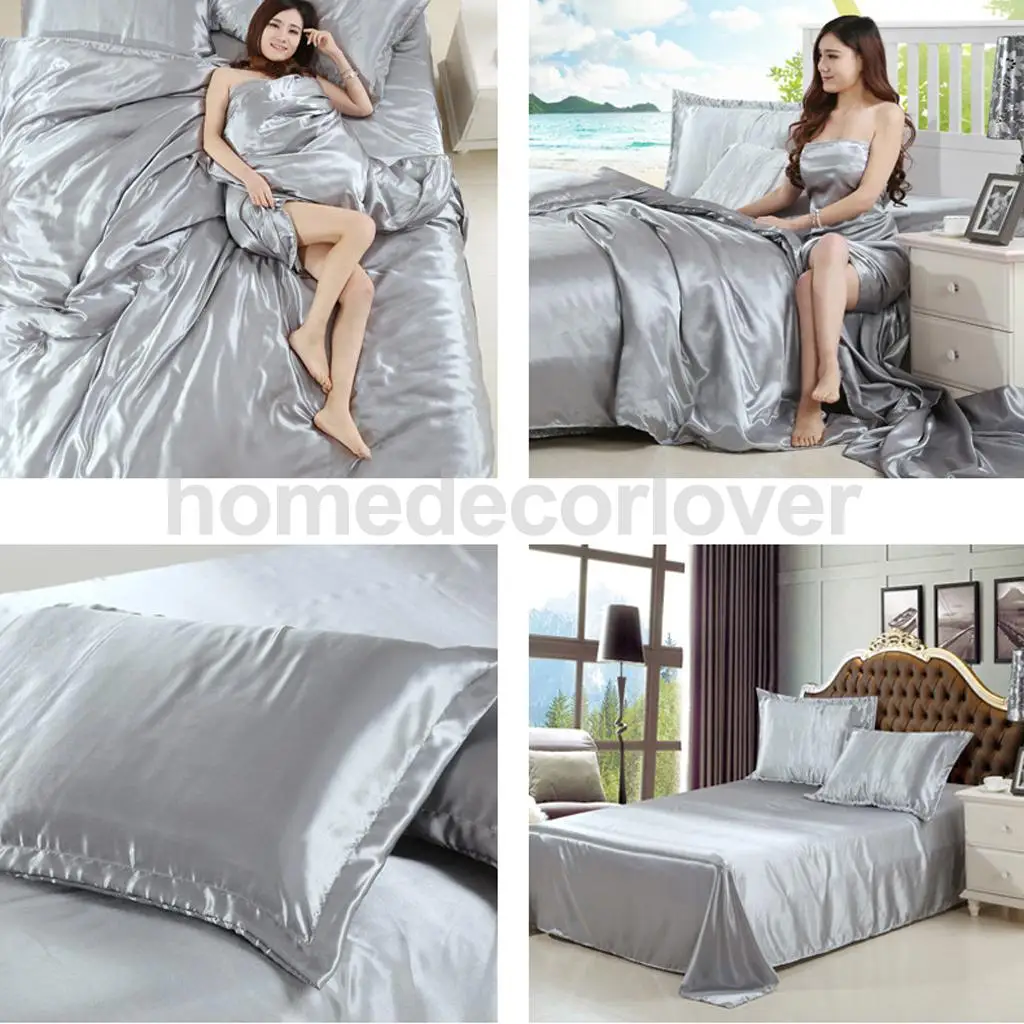 Smooth Satin Silky Bedding Duvet Cover Set-Pillowcase, Flat Sheet, Quilt Cover, California King Size, for 6 feet Bed 4 Piece/Set