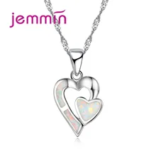Jemmin Romantic Wedding Double Heart Necklace Jewelry For Brides 925 Sterling Silver White Fire Opal Pendant Necklace For Women