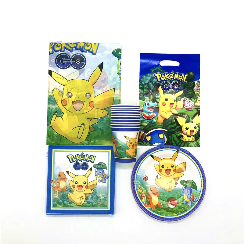 

High Quality 81Pcs Pokemon Go Theme Tableware Kid Birthday Party Event Party Wedding Cup Plate Gift Bag Napkin Tablecloth Supply