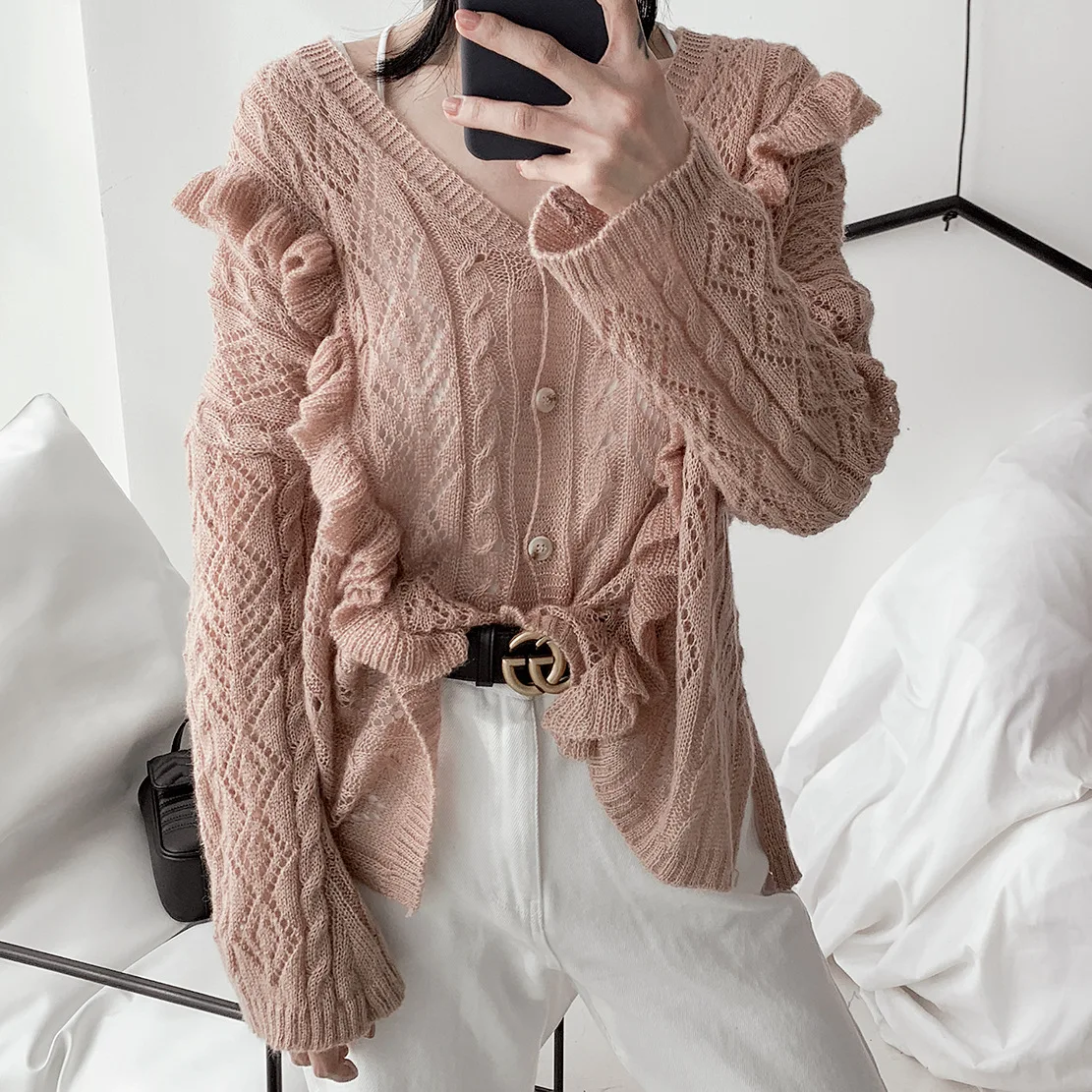 

New Sweater of Spring and Summer 2019 with Pure V-neck Hollow-out Lotus Leaf-edge Thin Sweater Cardigan Women Sweater