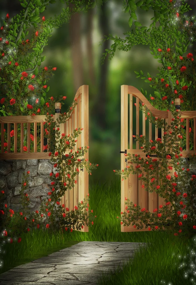 Laeacco Dreamlike Yard деревянные двери каменные стены цветы фотографические фоны