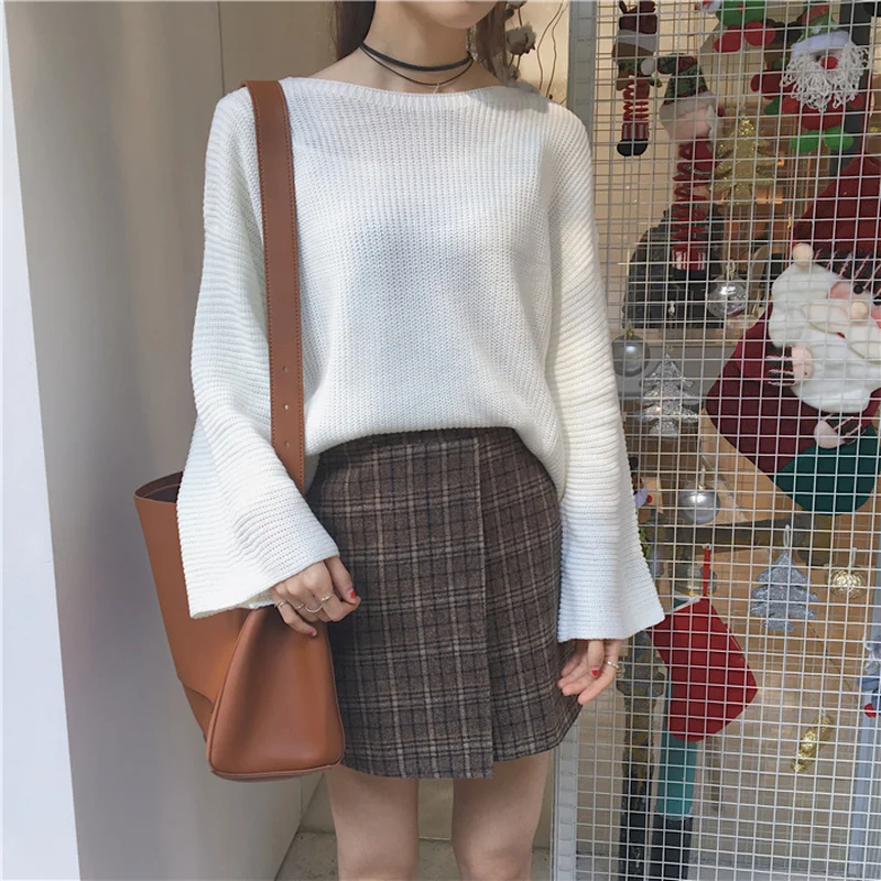 

Flare Sleeve Sweaters Women Fashion Loose Jumpers O-Neck Pullovers Knitting Pullovers Korean Style Tops