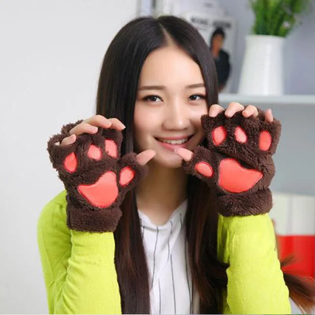 사랑스러운 만화 솜털 곰 고양이 발톱 플러시 장갑 여성용