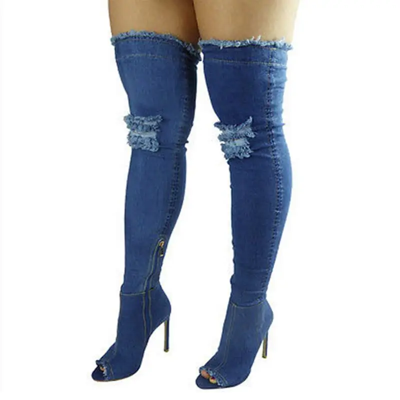 Новые модные женские джинсовые сапоги выше колена на высоком каблуке с дырками весенне-летние пикантные высокие сапоги до бедра с открытым носком, Botas