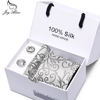 

Floral Men Tie Set Necktie Wedding Dress Gravata Cufflinks Tie and Handkerchief Set with Gift Box 2019 Luxury Black Tie for Men