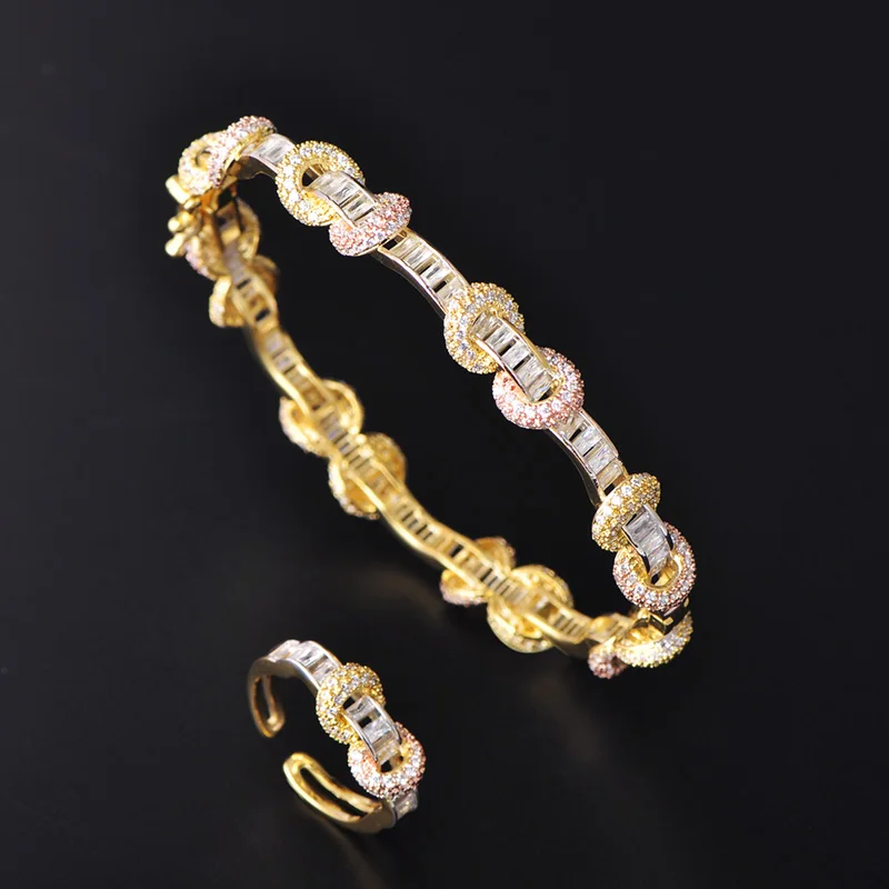 

Dazz NEW Dubai Luxury Wedding Jewelry Set Women Gold Color Pulseira Mujer Zircon Copper Bangle Ring Bridal Accessories Gift 2019
