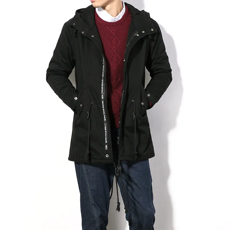 2016 winter men’s fashion casual men’s long sections thicker coat Korean simple letter Ribbon Hooded Slim tide coat M-5XL
